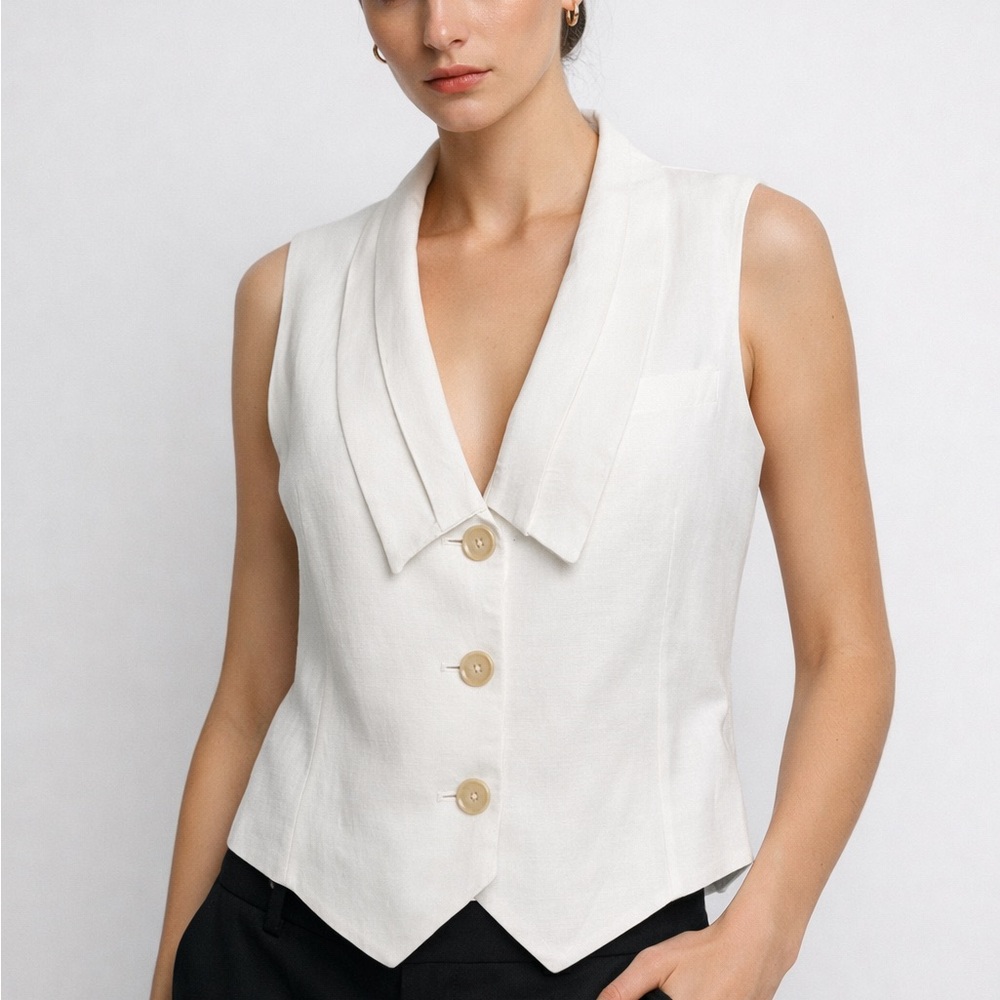 Chic Frame White Sleeveless Button Front Vest